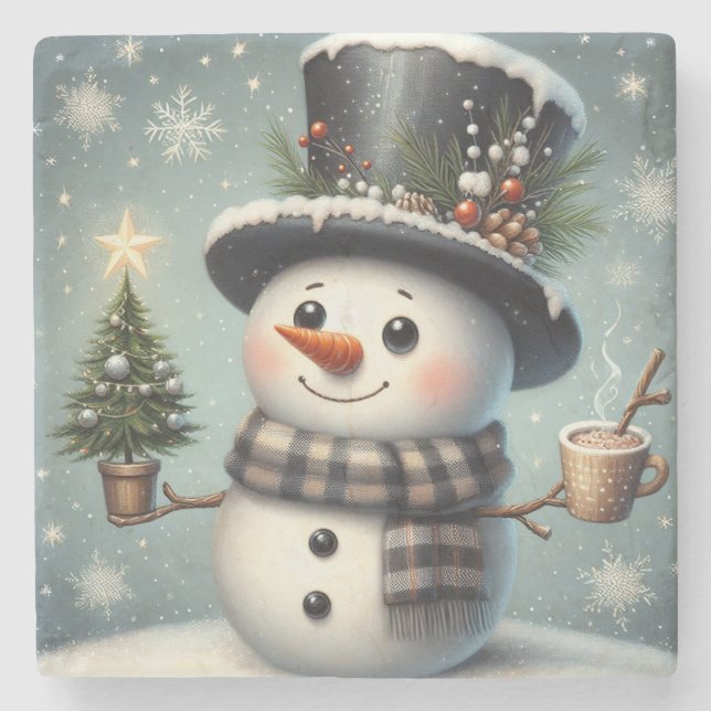 Cute whimiscal Christmas/winter snowman Stone Coaster (Front)