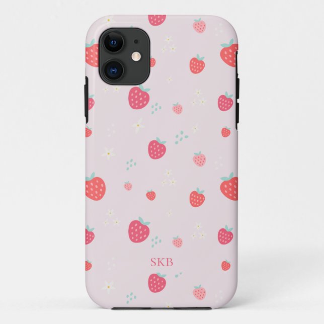 Cute whimisical pink & red strawberry monogram Case-Mate iPhone case (Back)