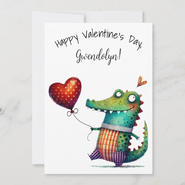 Cute Whimsical Alligator Valentine's Day Flat Card (Front)