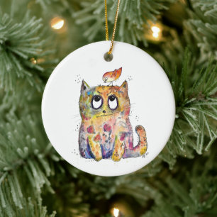 Cute Whimsical Annoyed Cat Ceramic Tree Decoration