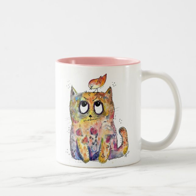 Cute Whimsical Annoyed Cat Two-Tone Coffee Mug (Right)