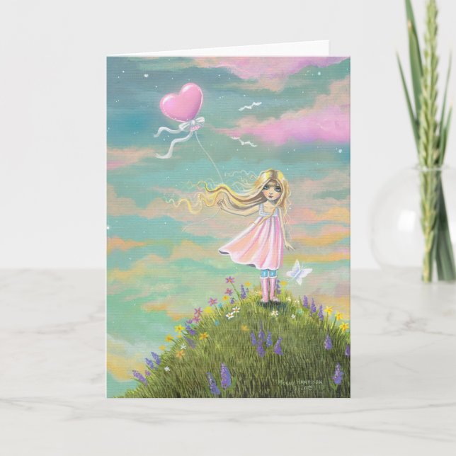 Cute Whimsical Art Girl with Heart Balloon Holiday Card (Front)