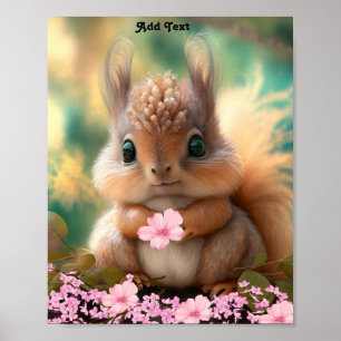 Cute Whimsical Baby Squirrel Pink Flowers Poster