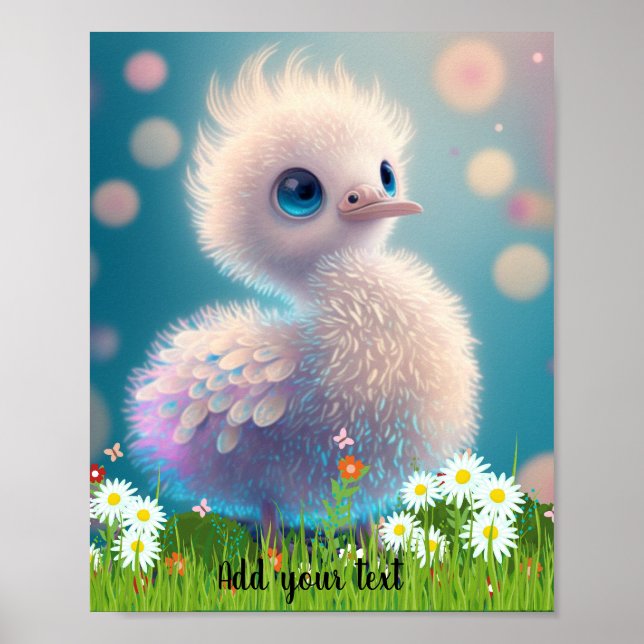 Cute Whimsical Baby Stork Illustration Bird Daisy Poster (Front)
