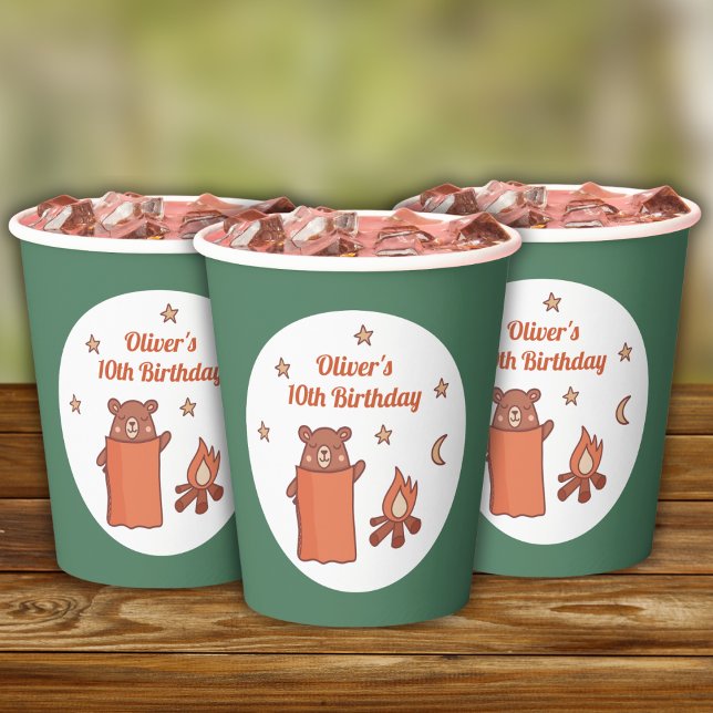 Cute Whimsical Bear Camping Birthday Paper Cups (Creator Uploaded)
