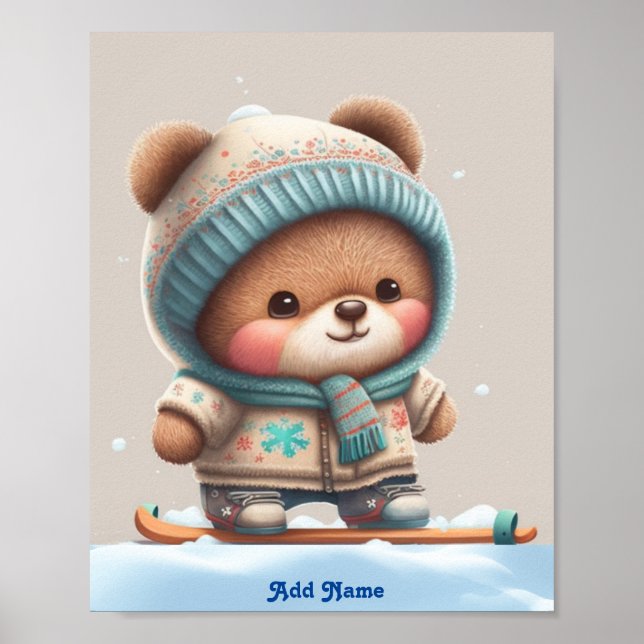 Cute Whimsical Bear Skiing Nursery Printable Poster (Front)