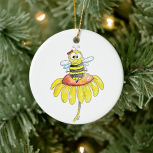 Cute Whimsical Bee on a Flower Ceramic Tree Decoration