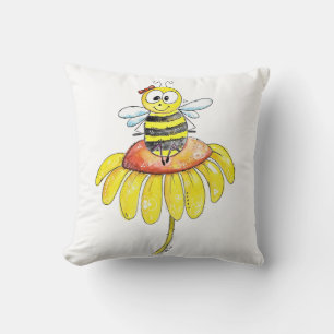 Cute Whimsical Bee on a Flower Cushion