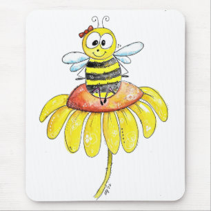 Cute Whimsical Bee on a Flower Mouse Mat