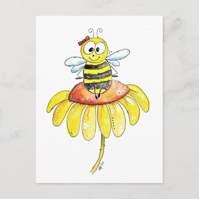 Cute Whimsical Bee on a Flower Postcard (Front)