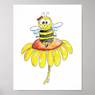 Cute Whimsical Bee on a Flower Poster