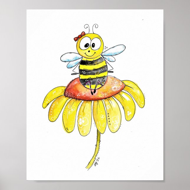 Cute Whimsical Bee on a Flower Poster (Front)