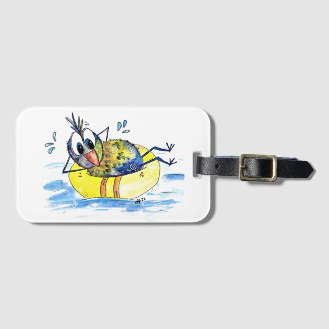 Cute Whimsical Bird on Float Luggage Tag (Front Horizontal)