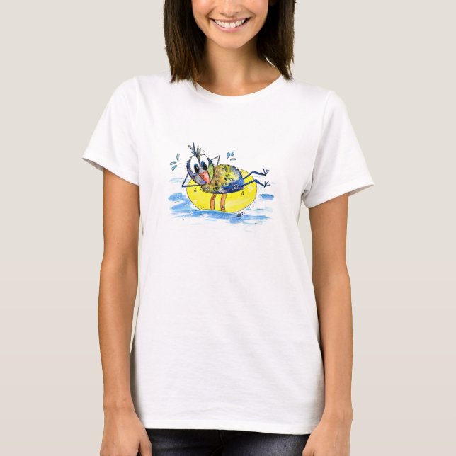 Cute Whimsical Bird on Float T-Shirt (Front)