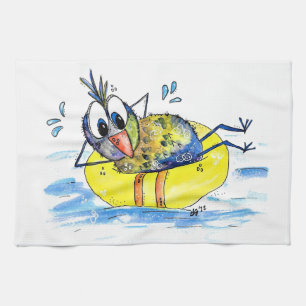 Cute Whimsical Bird on Float Tea Towel