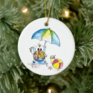 Cute Whimsical Bird on the Beach Ceramic Tree Decoration