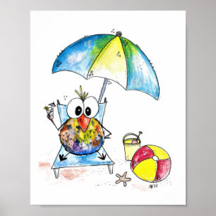 Cute Whimsical Bird on the Beach Poster
