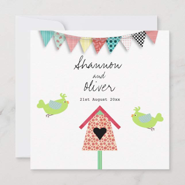 Cute Whimsical Birds And Birdhouse Wedding Invite (Front)