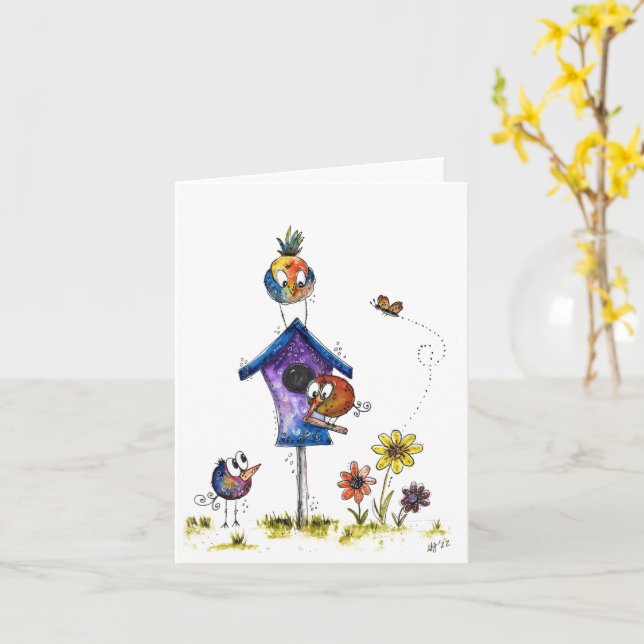 Cute Whimsical Birds at a Birdhouse Card (Yellow Flower)
