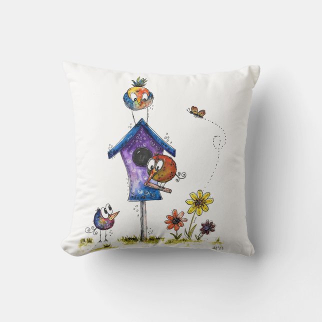 Cute Whimsical Birds at a Birdhouse Cushion (Front)