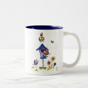 Cute Whimsical Birds at a Birdhouse Two-Tone Coffee Mug
