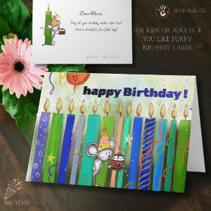Cute Whimsical Birthday Mouse and Colourful Candle Card
