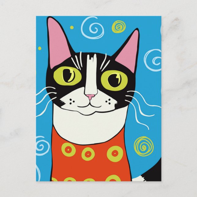 Cute Whimsical Black and White Cat Portrait Postcard (Front)