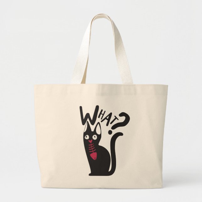 Cute Whimsical  Black Cat Fish Joke Prank Cartoon Large Tote Bag (Front)