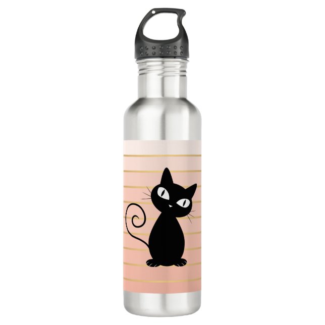 Cute Whimsical Black Cat on Stripes 710 Ml Water Bottle (Front)