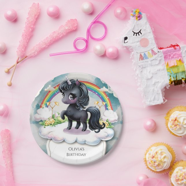 Cute Whimsical Black Unicorn Birthday Paper Plate (Party)