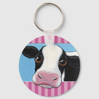 Cute Whimsical Black & White Cow with Pink Stripe Key Ring