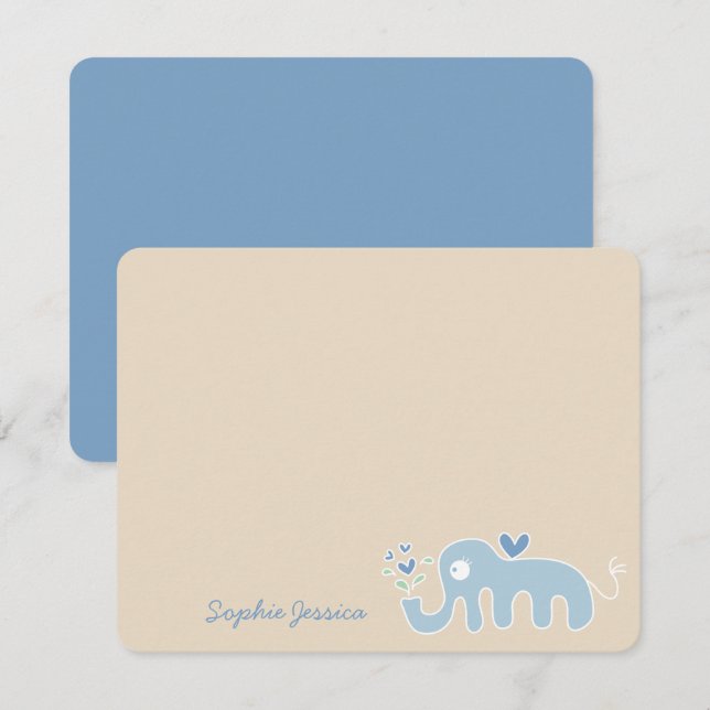 Cute Whimsical Blue Elephant Love Boy Baby Shower Thank You Card (Front/Back)