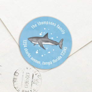Cute Whimsical Blue Ocean Sharks Return Address Classic Round Sticker