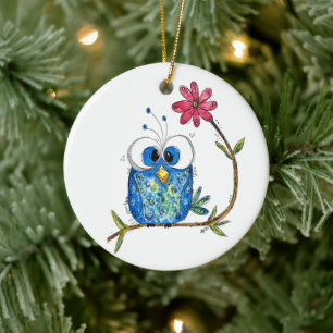 Cute Whimsical Blue Owl Ceramic Tree Decoration