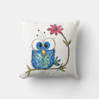 Cute Whimsical Blue Owl Cushion