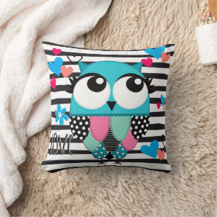 Cute Whimsical Blue Owl with eyelashes  Cushion