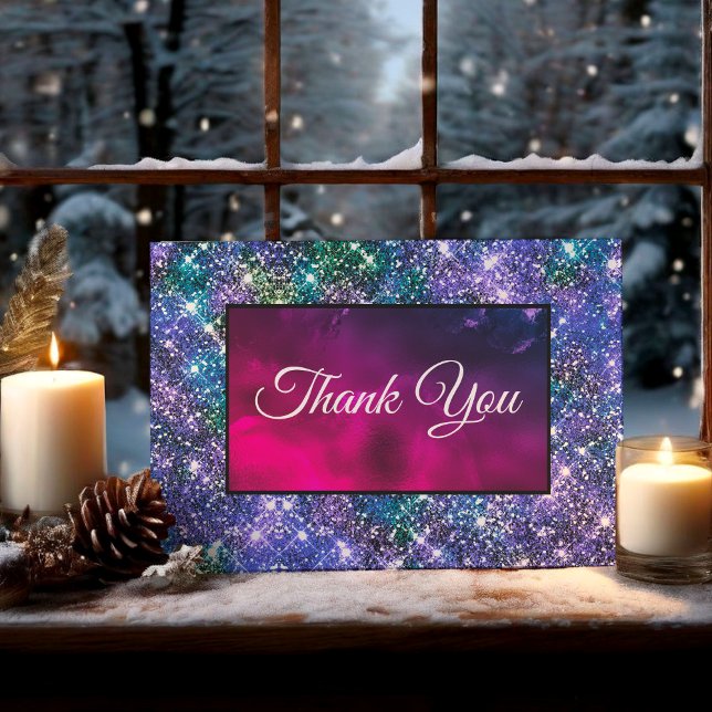 Cute whimsical blue purple iridescent monogram thank you card (Creator Uploaded)