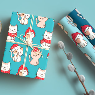 Cute Whimsical Blue & Red Cartoon Cat Christmas Wrapping Paper Sheet