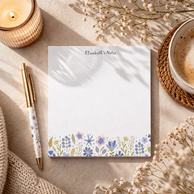 Cute Whimsical Blue Spring Flowers and Custom Name Notepad (Creator Uploaded)