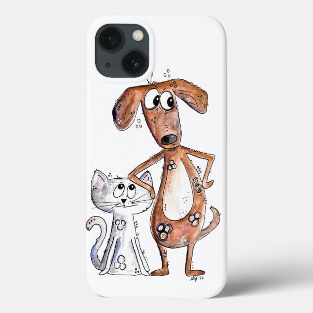 Cute Whimsical Brown Dog and Grey Cat Case-Mate iPhone Case (Back)