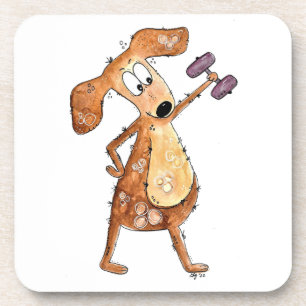 Cute Whimsical Brown Dog Lifting Weights Coaster