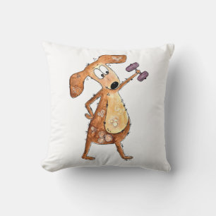 Cute Whimsical Brown Dog Lifting Weights Cushion