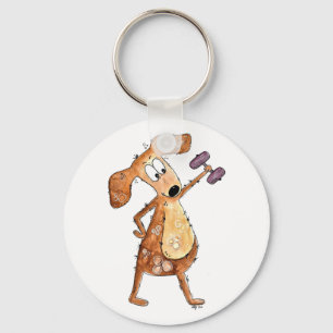Cute Whimsical Brown Dog Lifting Weights Key Ring