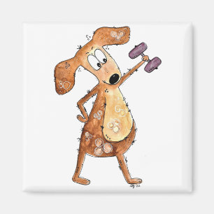 Cute Whimsical Brown Dog Lifting Weights Magnet
