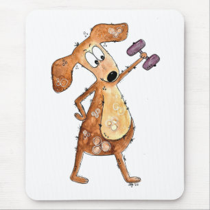 Cute Whimsical Brown Dog Lifting Weights Mouse Mat