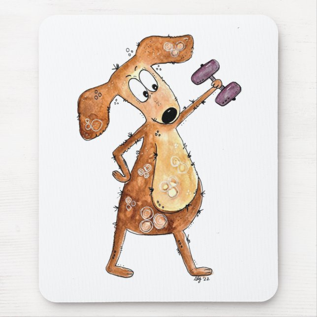 Cute Whimsical Brown Dog Lifting Weights Mouse Mat (Front)