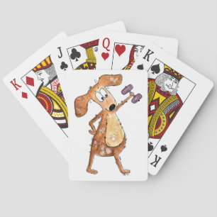 Cute Whimsical Brown Dog Lifting Weights Playing Cards