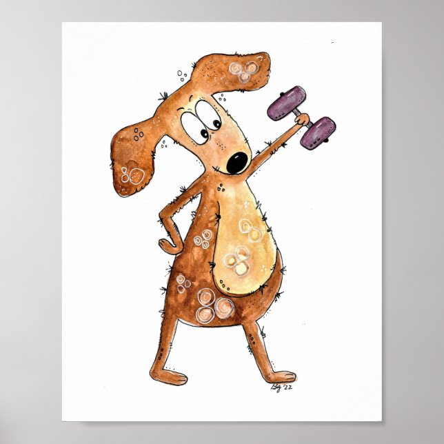 Cute Whimsical Brown Dog Lifting Weights Poster (Front)