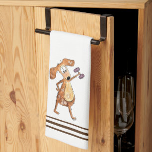 Cute Whimsical Brown Dog Lifting Weights Tea Towel