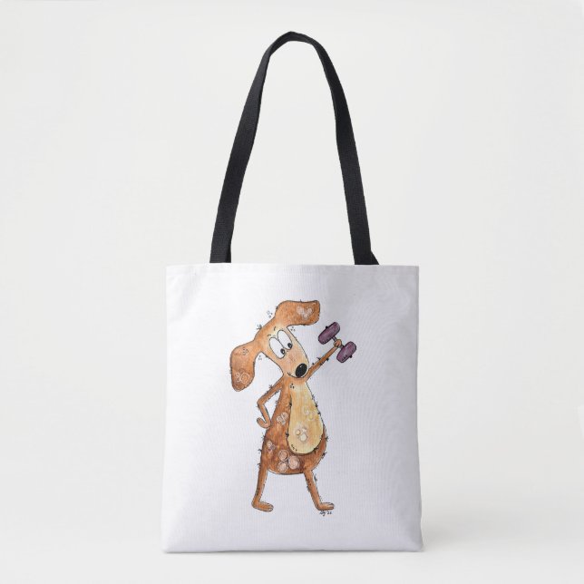 Cute Whimsical Brown Dog Lifting Weights Tote Bag (Front)